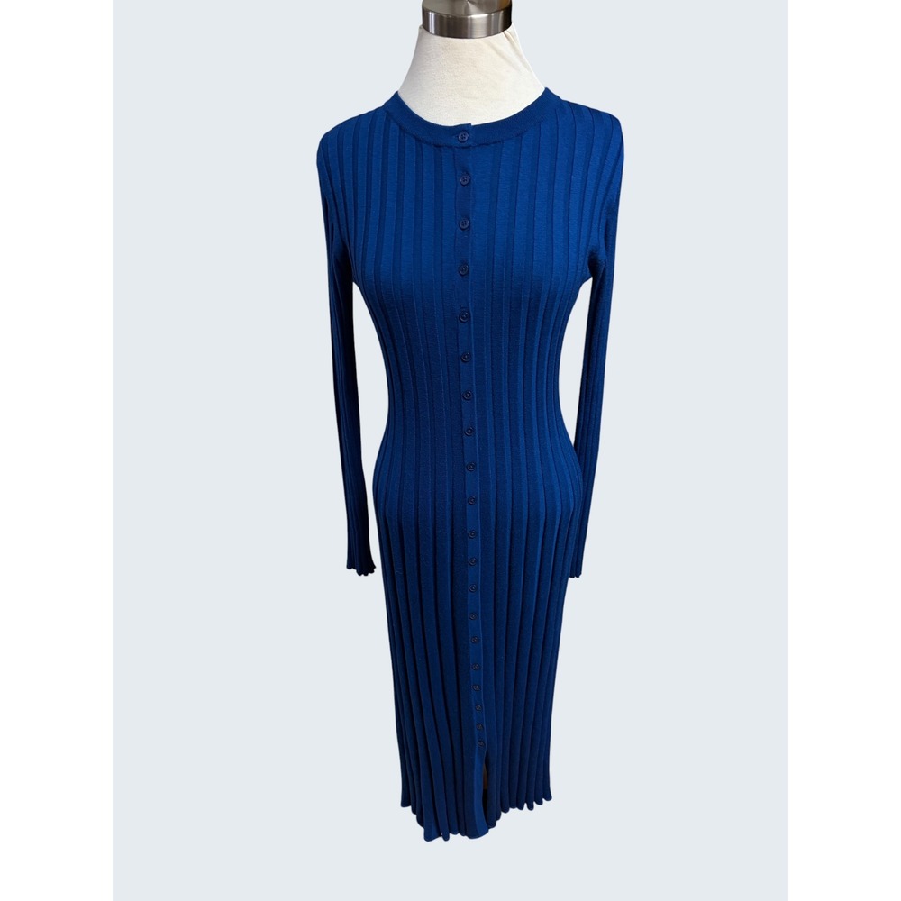 J Crew Wide Rib Sweater Dress Merino Wool Blend Brilliant Nightfall Blue Size M